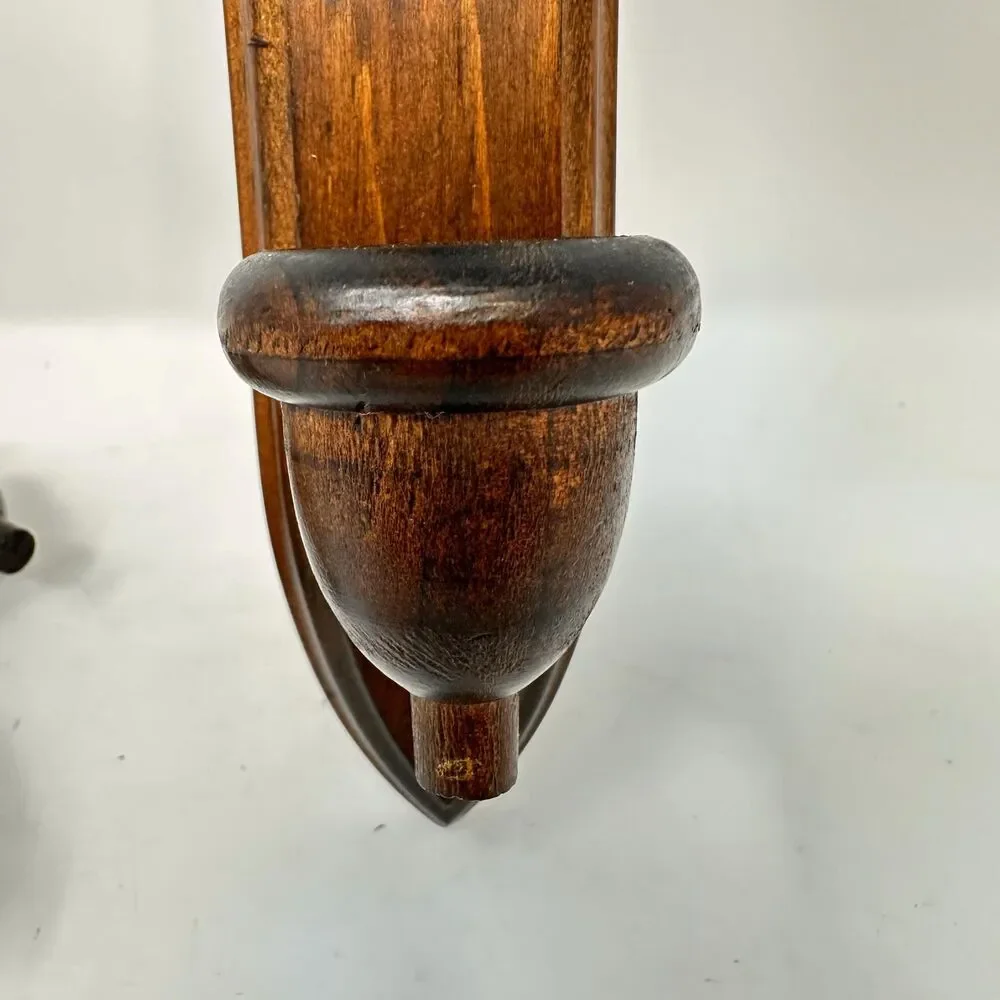 Vintage Wood Wall Candle Sconces Pair Gothic Arch Mid Cen Fluted Taper Holders